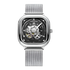 Silver wristwatch with black face on a white background