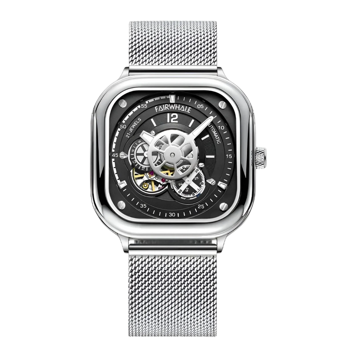 Silver wristwatch with black face on a white background