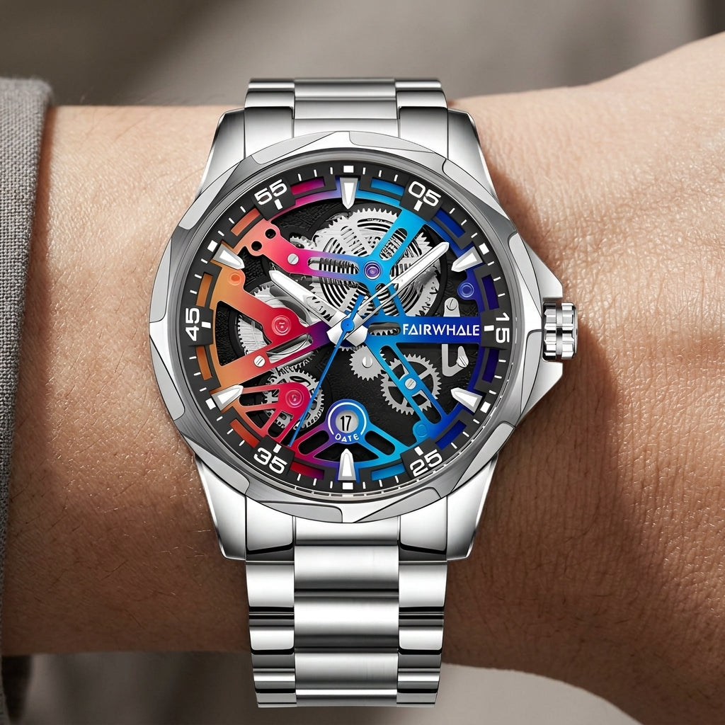 Silver wristwatch with colorful mechanical details on a wrist, brand &