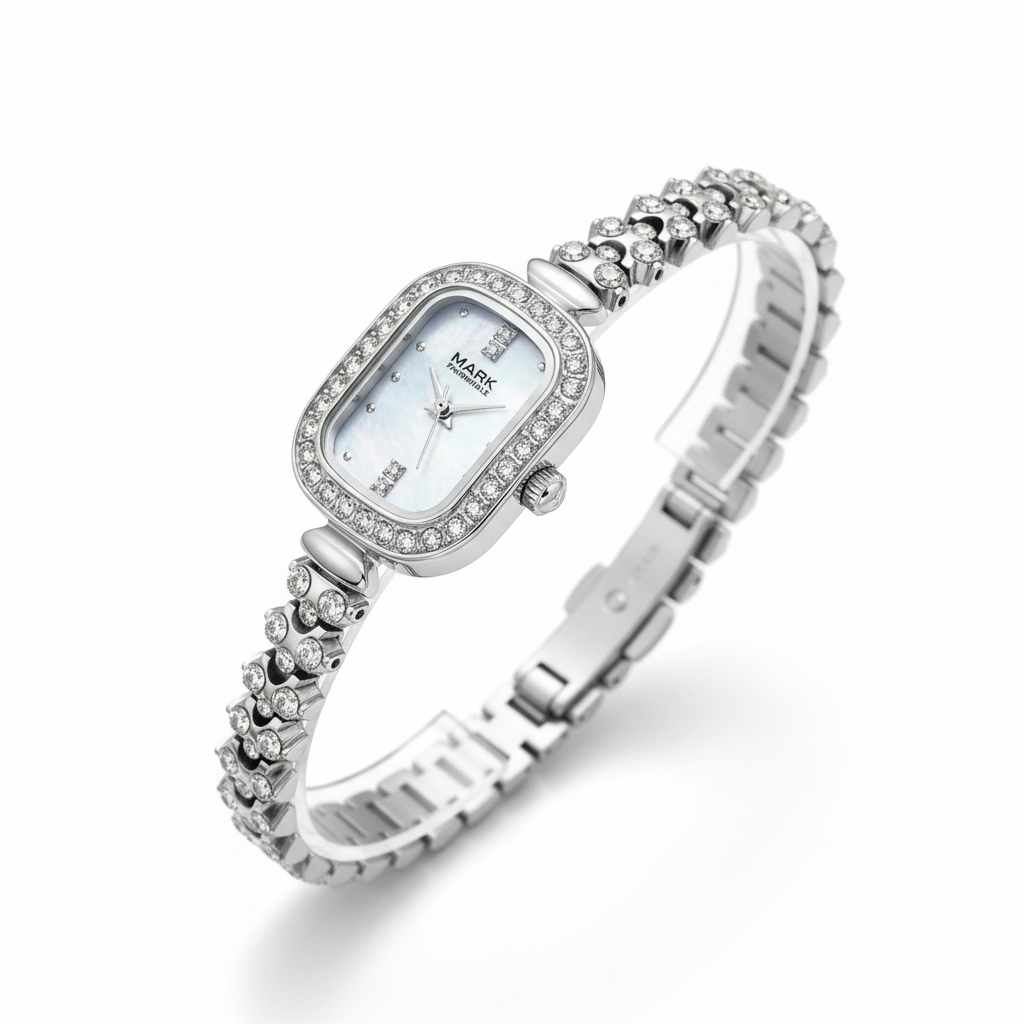 Silver wristwatch with decorative band on a white background