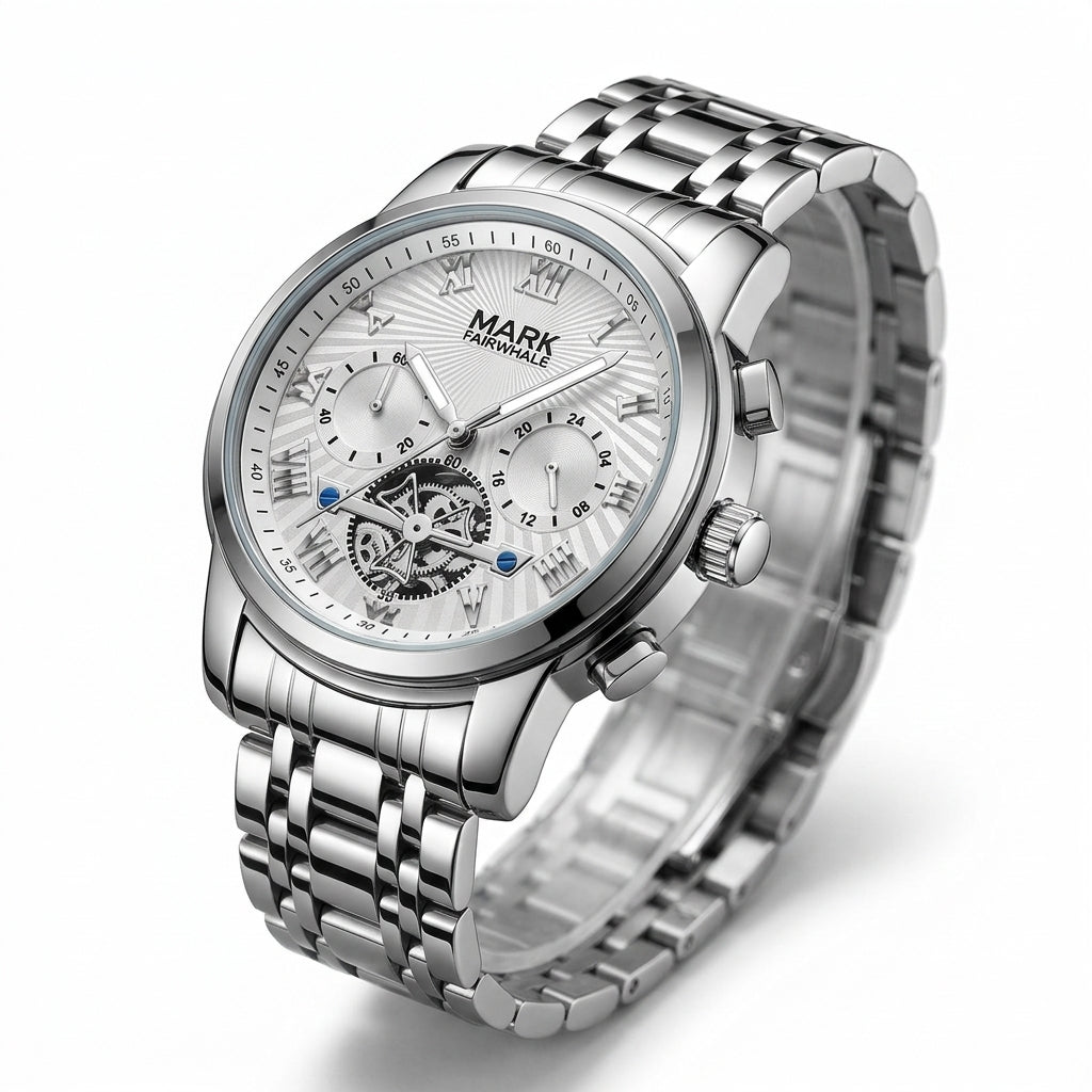 Silver wristwatch with detailed face on a white background