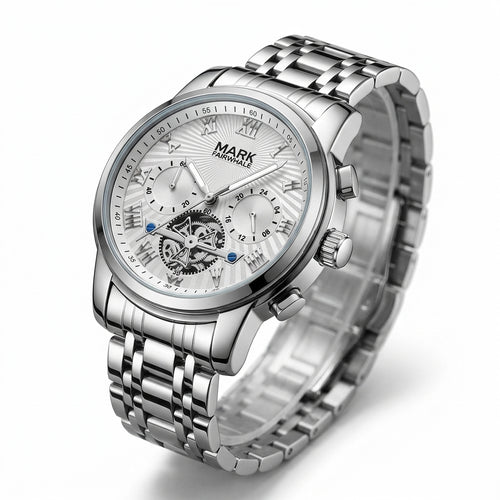 Silver wristwatch with detailed face on a white background