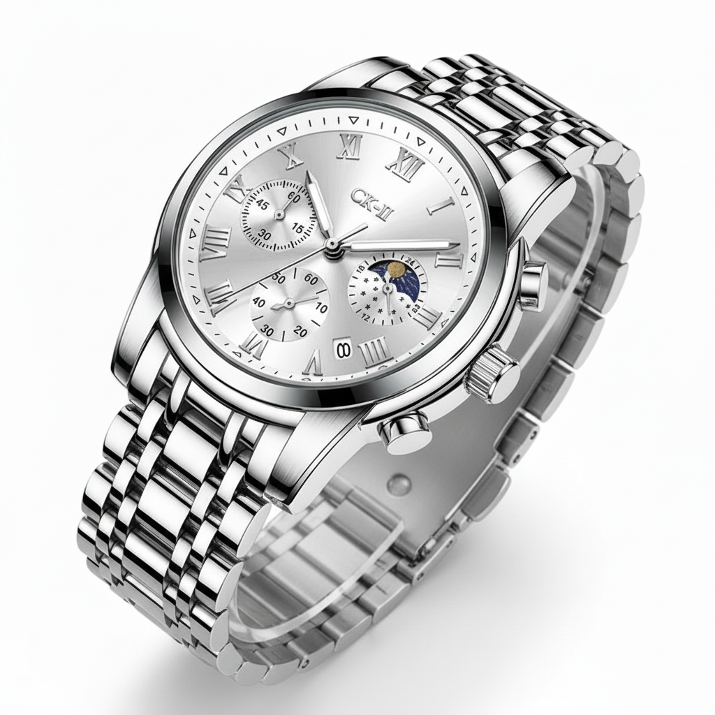Silver wristwatch with detailed face on a white background