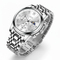 Silver wristwatch with detailed face on a white background