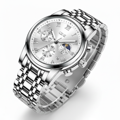 Silver wristwatch with detailed face on a white background