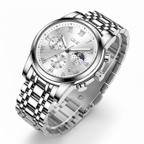 Silver wristwatch with detailed face on a white background