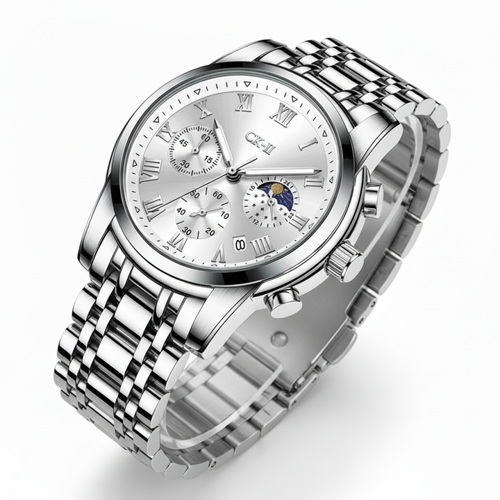 Silver wristwatch with detailed face on a white background