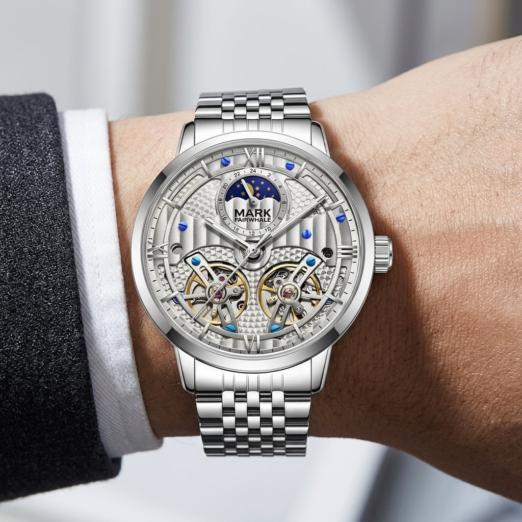 Silver wristwatch with detailed design on a wrist against a neutral background