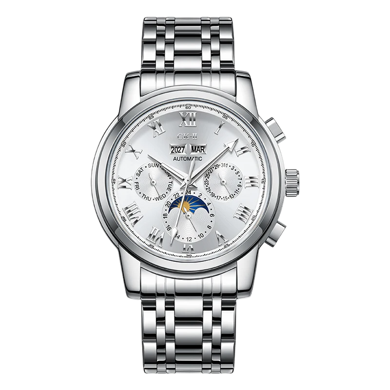 Silver wristwatch with detailed face on a white background