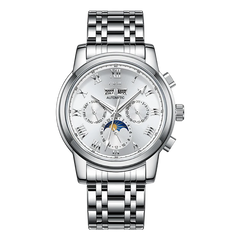 Silver wristwatch with detailed face on a white background