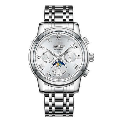 Silver wristwatch with detailed face on a white background