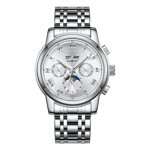 Silver wristwatch with detailed face on a white background