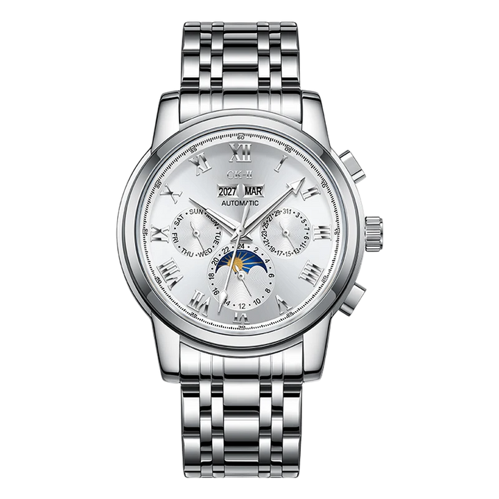 Silver wristwatch with detailed face on a white background