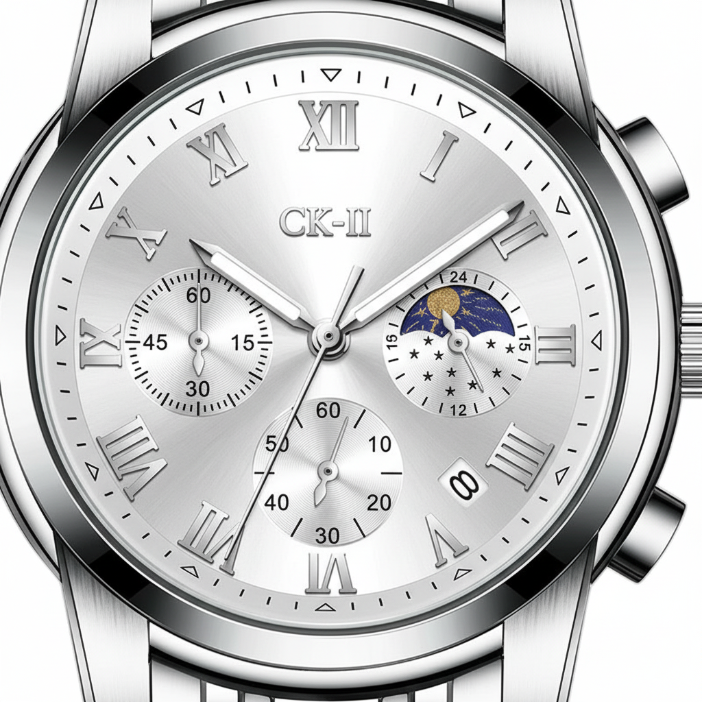 Silver wristwatch with detailed face and 'CK-III' branding on a white background