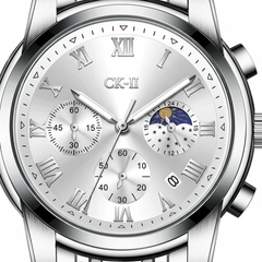 Silver wristwatch with detailed face and 'CK-III' branding on a white background