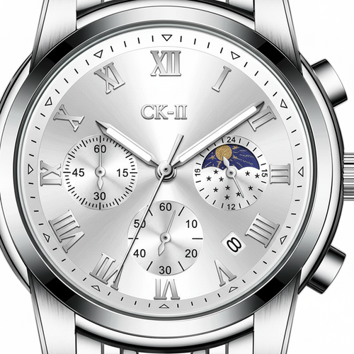 Silver wristwatch with detailed face and &