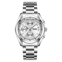 Silver wristwatch with detailed face on a transparent background