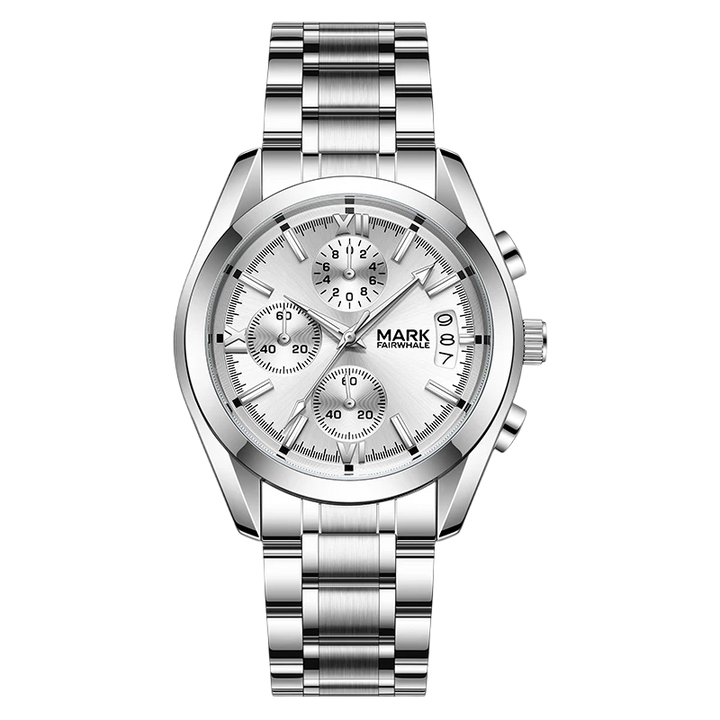 Silver wristwatch with detailed face on a transparent background