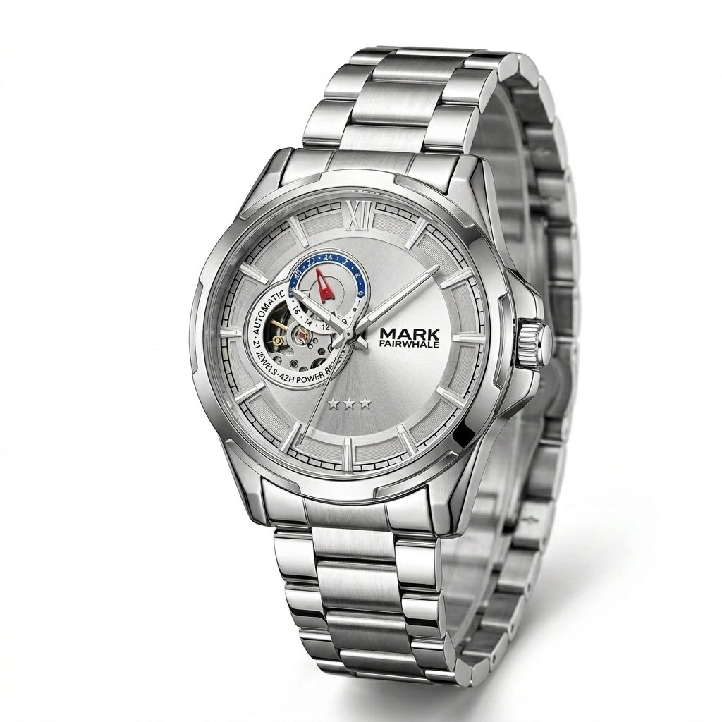 Silver wristwatch with detailed face on a white background