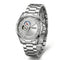 Silver wristwatch with detailed face on a white background