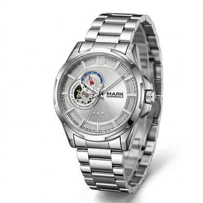Silver wristwatch with detailed face on a white background