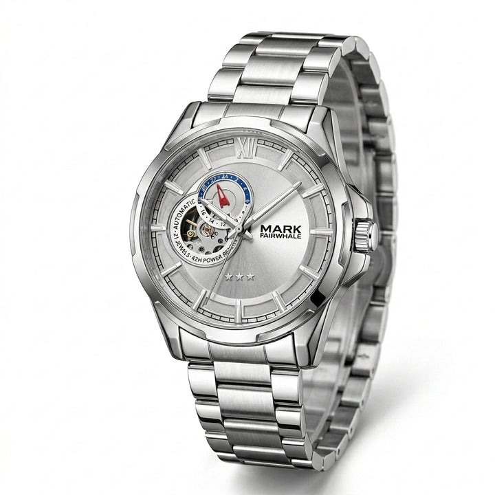 Silver wristwatch with detailed face on a white background