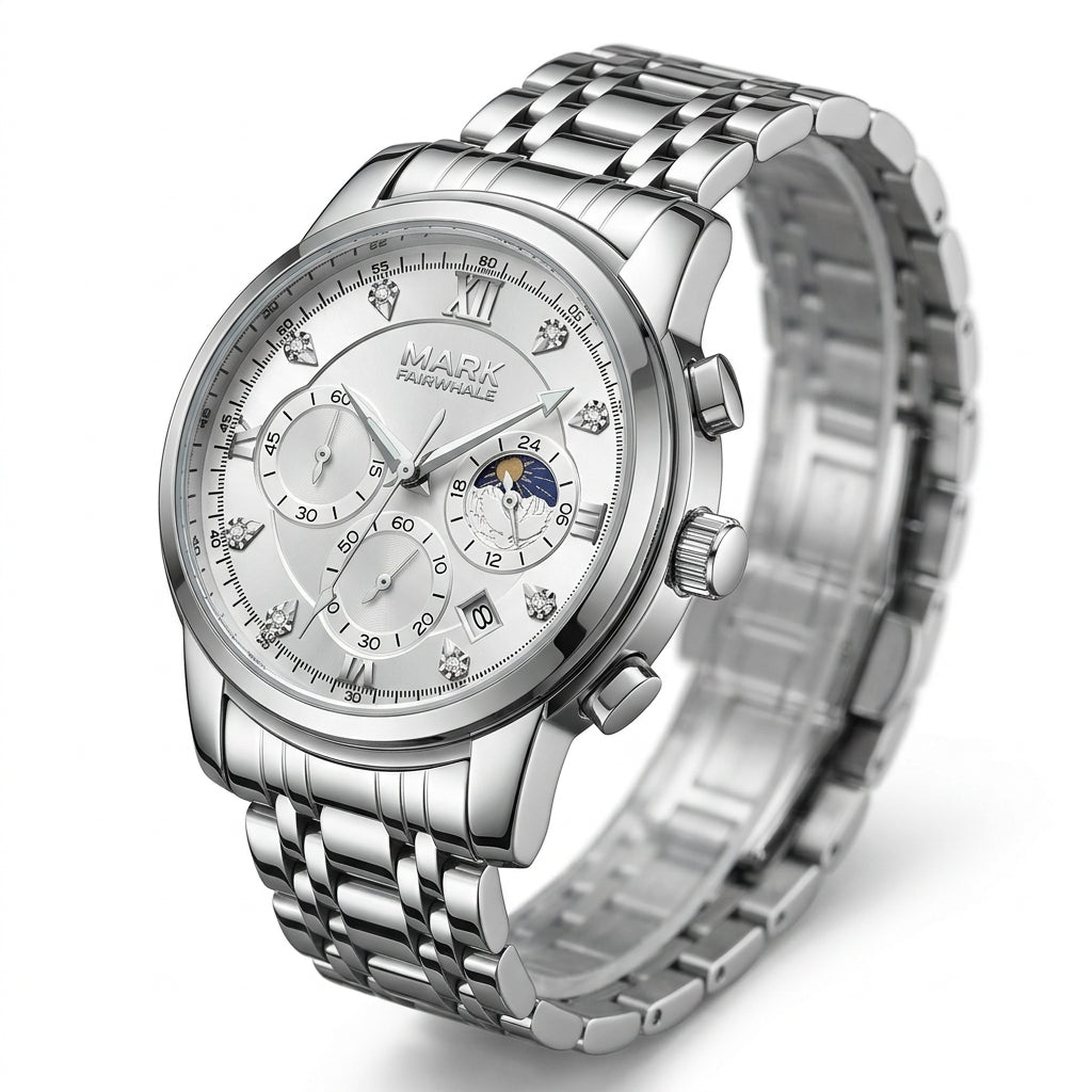 Silver wristwatch with detailed face on a white background