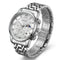 Silver wristwatch with detailed face on a white background
