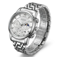 Silver wristwatch with detailed face on a white background