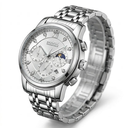 Silver wristwatch with detailed face on a white background
