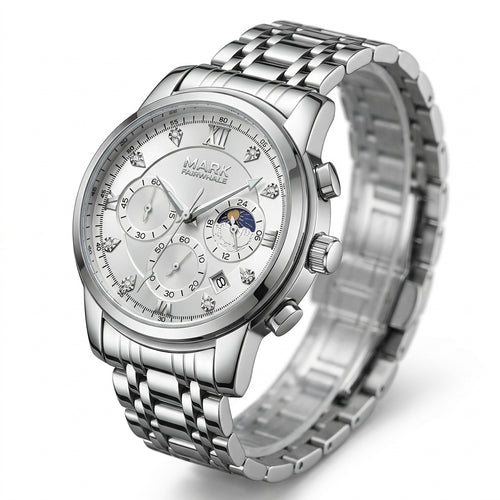 Silver wristwatch with detailed face on a white background