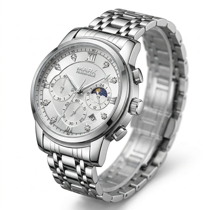 Silver wristwatch with detailed face on a white background