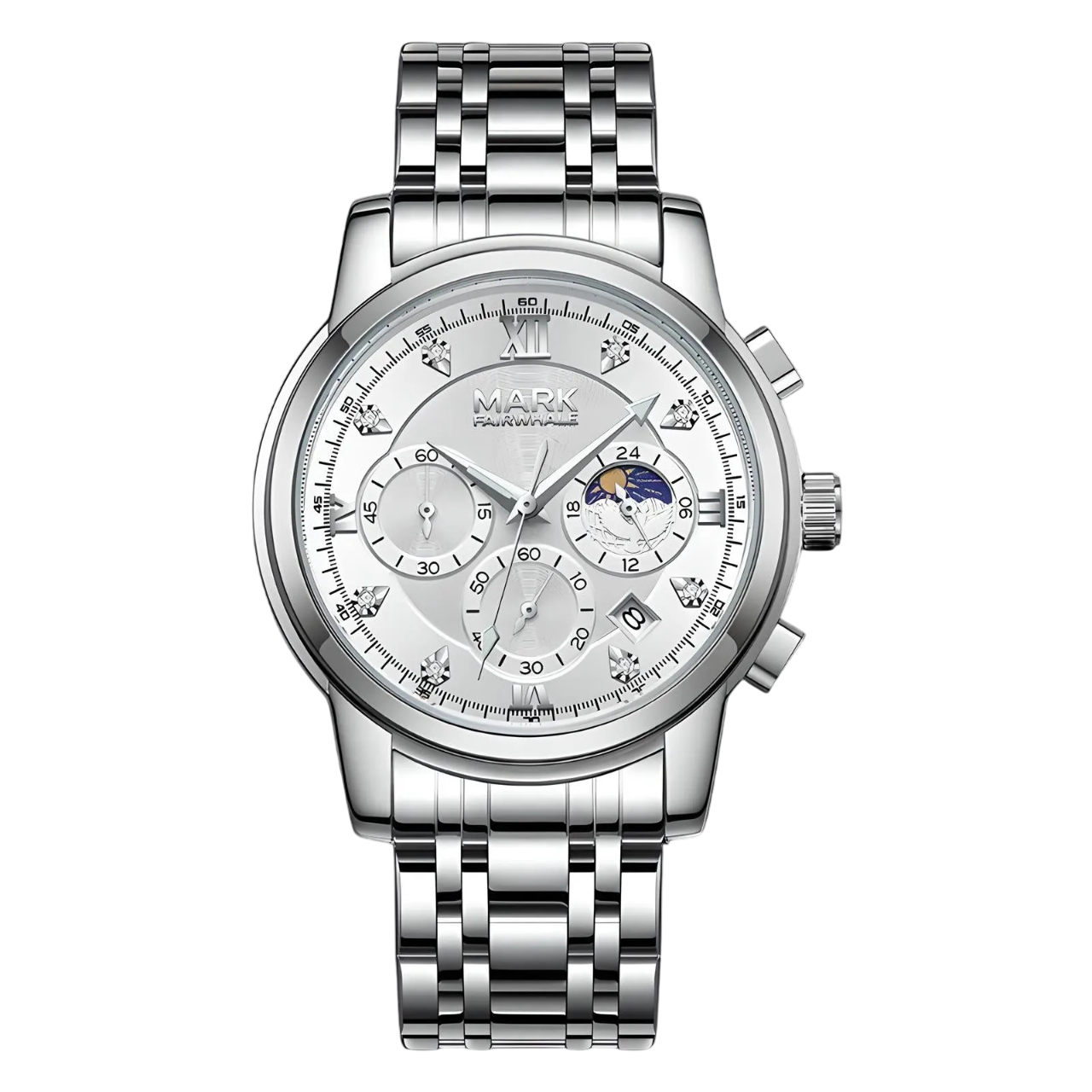 Silver wristwatch with detailed face on a white background