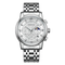Silver wristwatch with detailed face on a white background