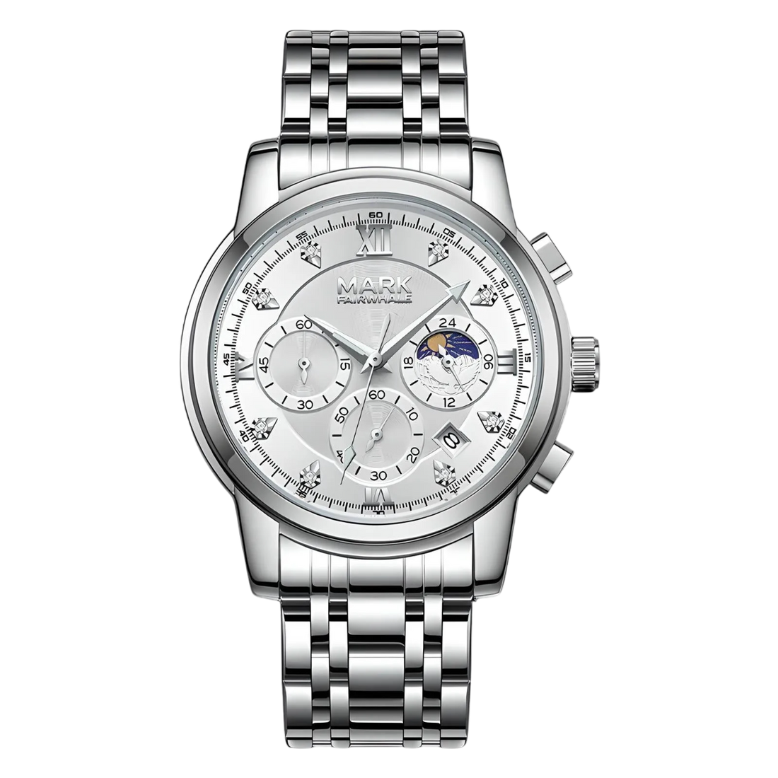 Silver wristwatch with detailed face on a white background