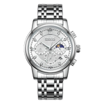 Silver wristwatch with detailed face on a white background