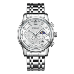 Silver wristwatch with detailed face on a white background