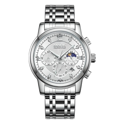 Silver wristwatch with detailed face on a white background