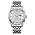 Silver wristwatch with detailed face on a white background