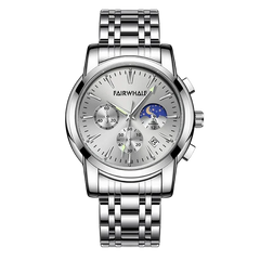 Silver wristwatch with detailed face on a white background, brand 'FAIRWHALE' visible.