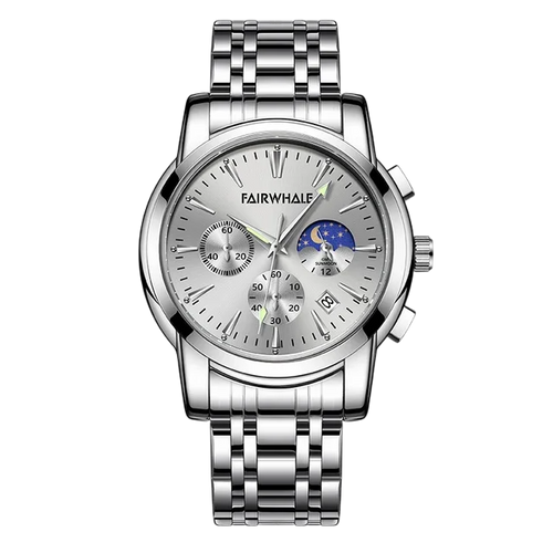 Silver wristwatch with detailed face on a white background, brand &
