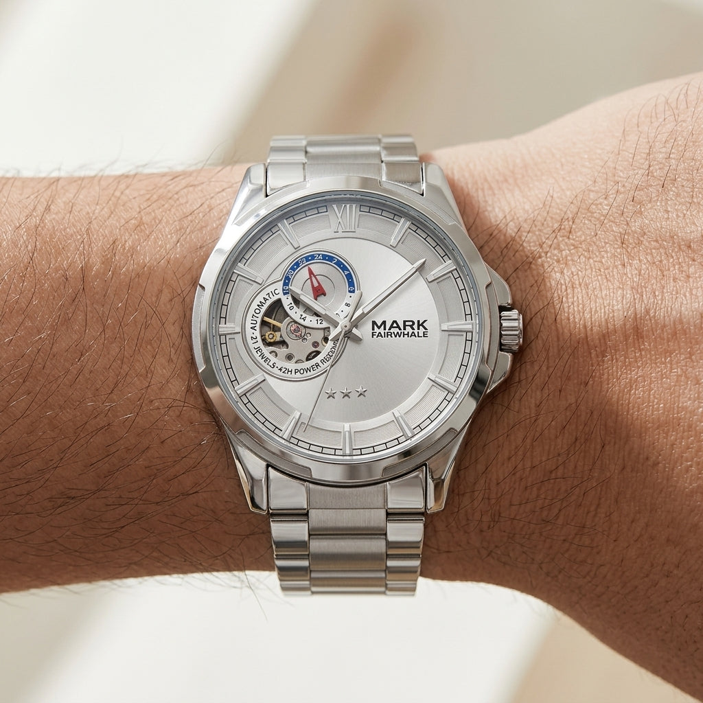 Silver wristwatch with detailed face on a wrist against a neutral background