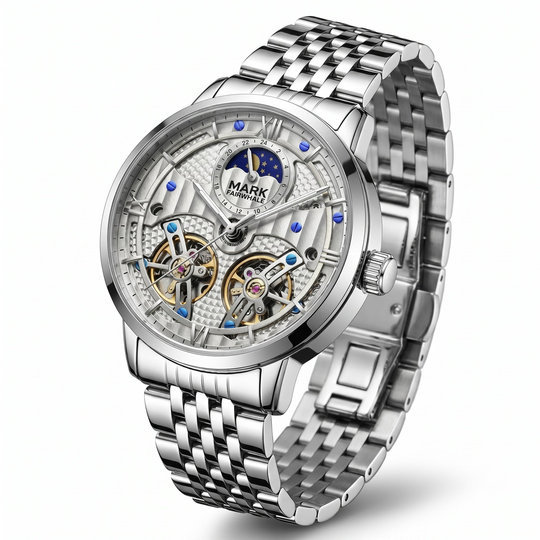 Silver wristwatch with intricate design on a white background