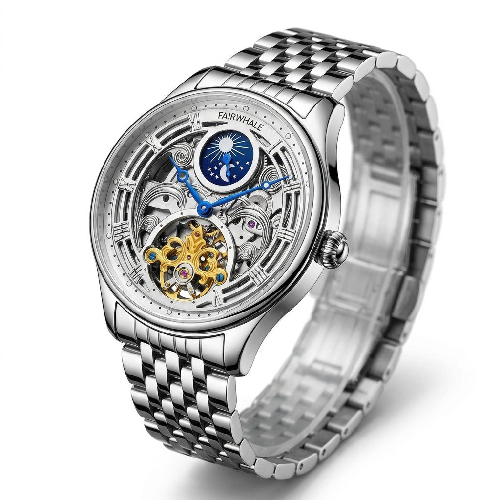 Silver wristwatch with intricate design on a white background