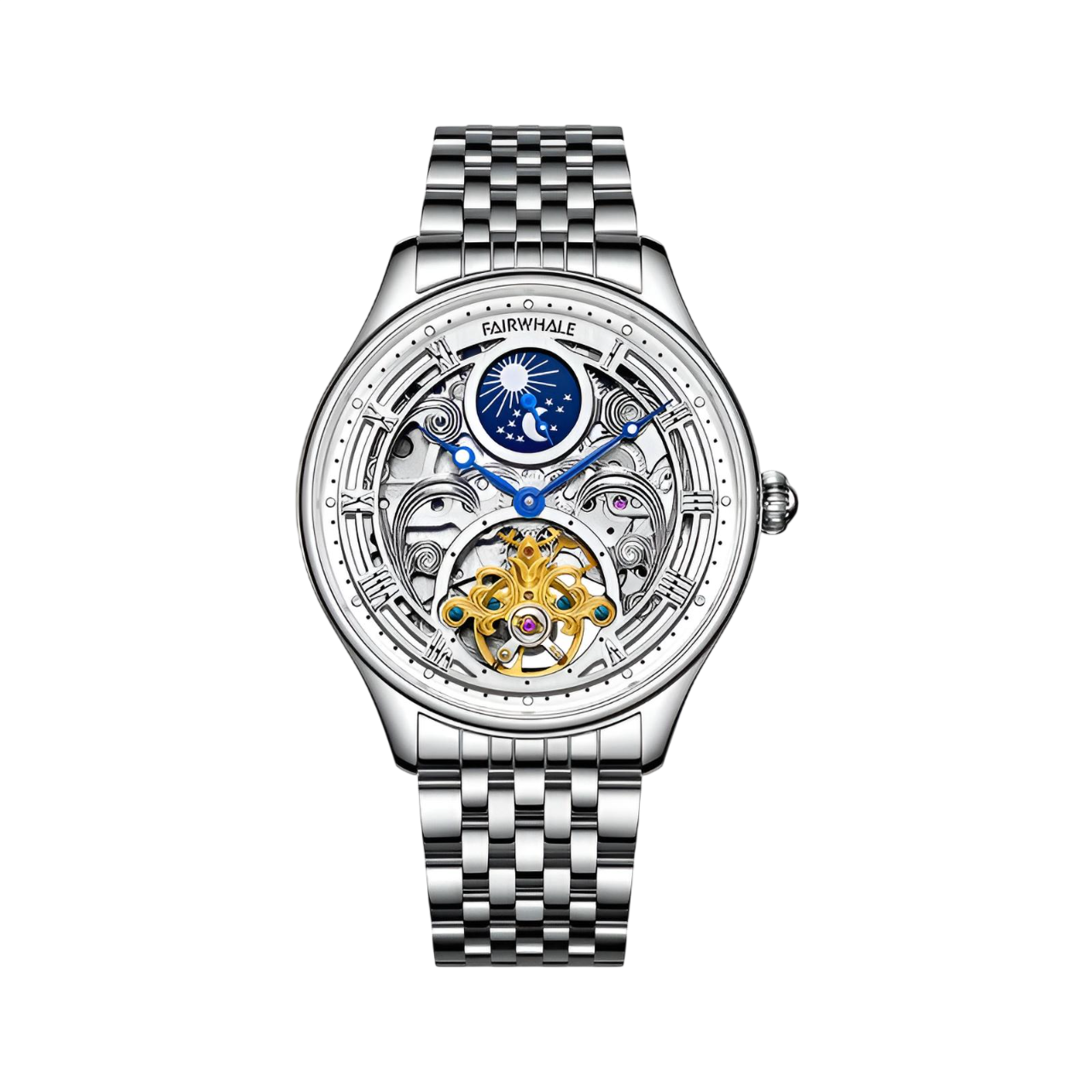 Silver wristwatch with intricate design on a white background
