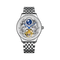 Silver wristwatch with intricate design on a white background