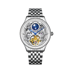 Silver wristwatch with intricate design on a white background