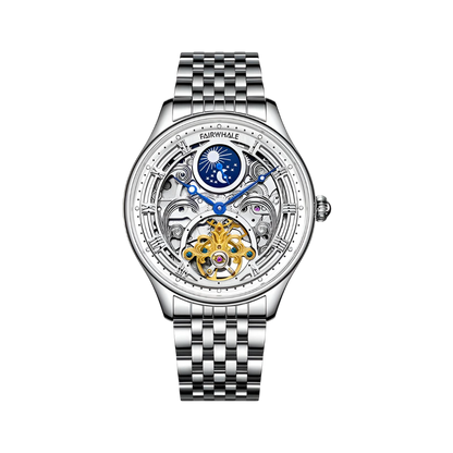 Silver wristwatch with intricate design on a white background