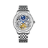 Silver wristwatch with intricate design on a white background