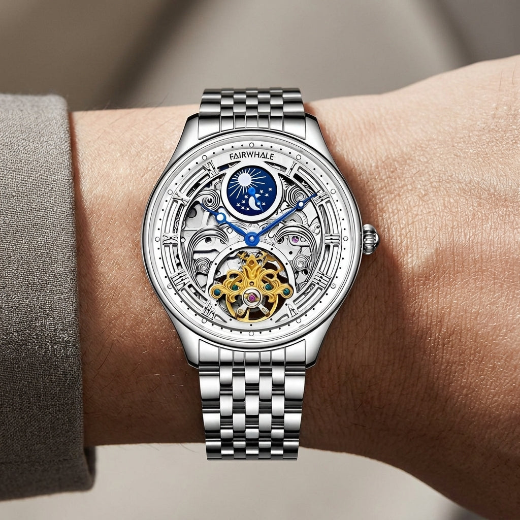 Silver wristwatch with intricate design on a wrist against a neutral background